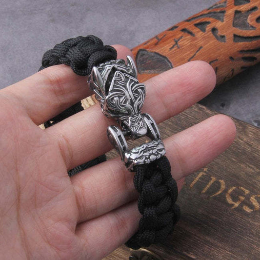 Stainless Steel Outdoor Parachute Cord Nordic Vikings Wolf Head Carrying Strap